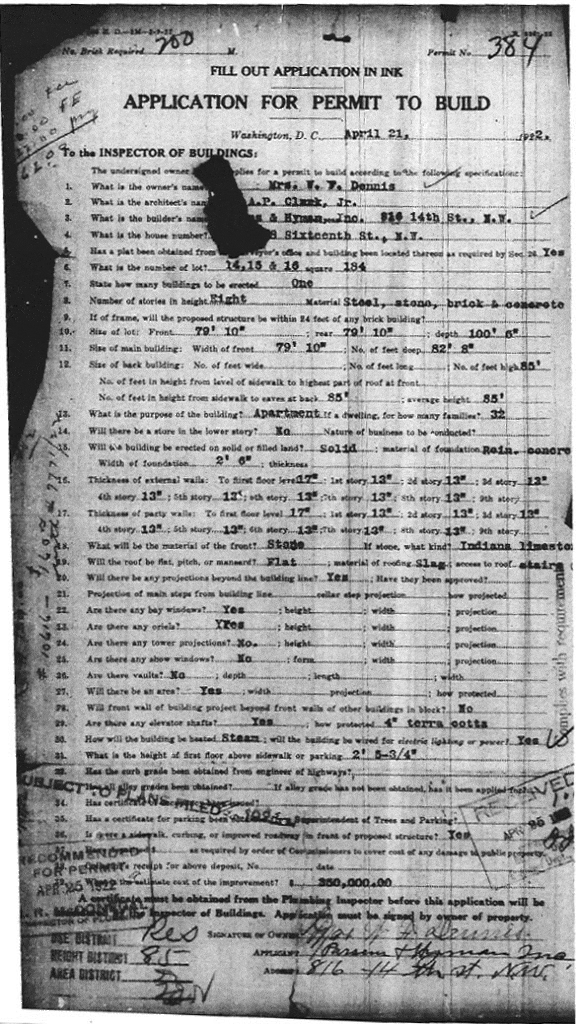 District of Columbia Application   for Permit to Build, 21 April 1922