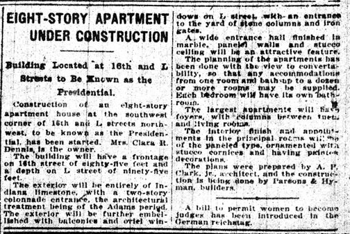 Eight-Story Apartment Under Construction," Washington Evening Star, 30 April 1922
